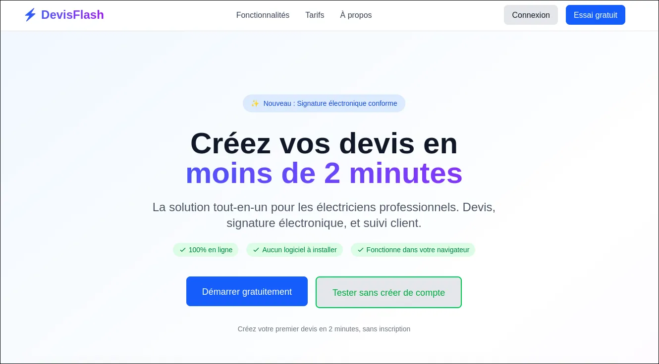 DevisFlash — capture d'écran de la landing page